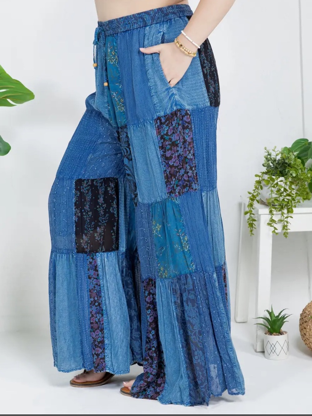 YOUNG THREADS Boho Patchwork Wide Leg Palazzo Pants - Blue - Picture 4 of 6
